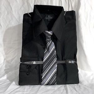 A black buttoned down shirt with sliver, grey, white and black tie